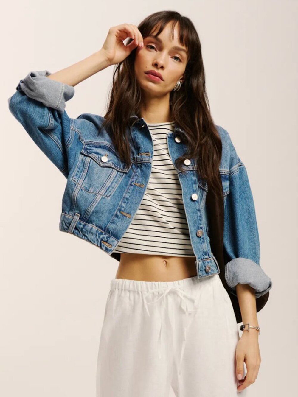 Reformation Jori Cropped Denim Jacket Blue - Size L